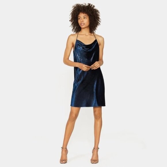 NWT Halston navy blue metallic velvet mini holiday dress - Picture 4 of 16